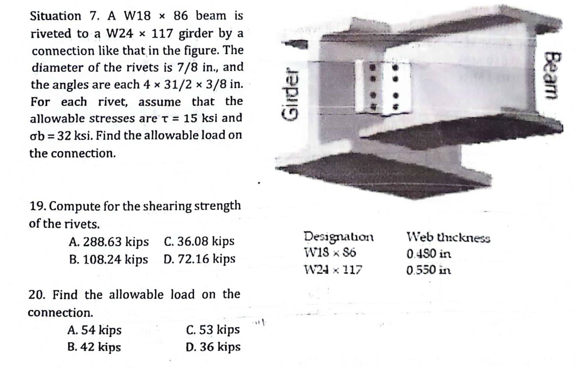 Solved Situation 7 A W18 86 Beam Isriveted To A W24 117 Chegg