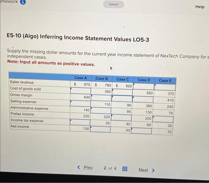 Solved E5 10 Algo Inferring Income Statement Values LO5 3 Chegg