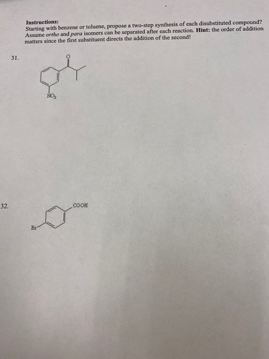 Solved Starting With Benzene Or Toluene Propose A 2 Step Chegg