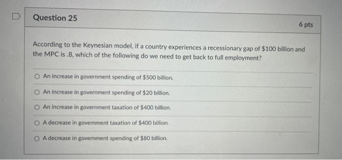 Solved Question 25 6 Pts According To The Keynesian Model Chegg