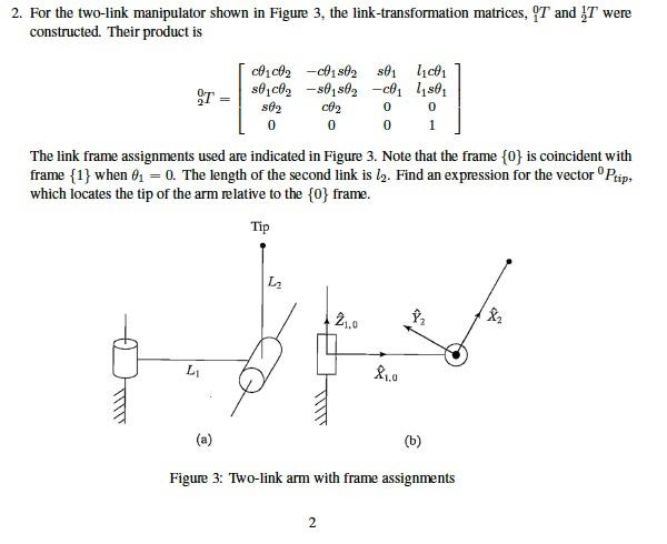 Solved 2 For The Two Link Manipulator Shown In Figure 3 Chegg