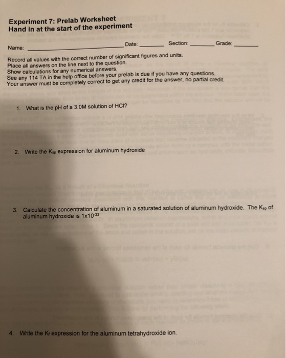 Solved Experiment Prelab Worksheet Hand In At The Start Chegg