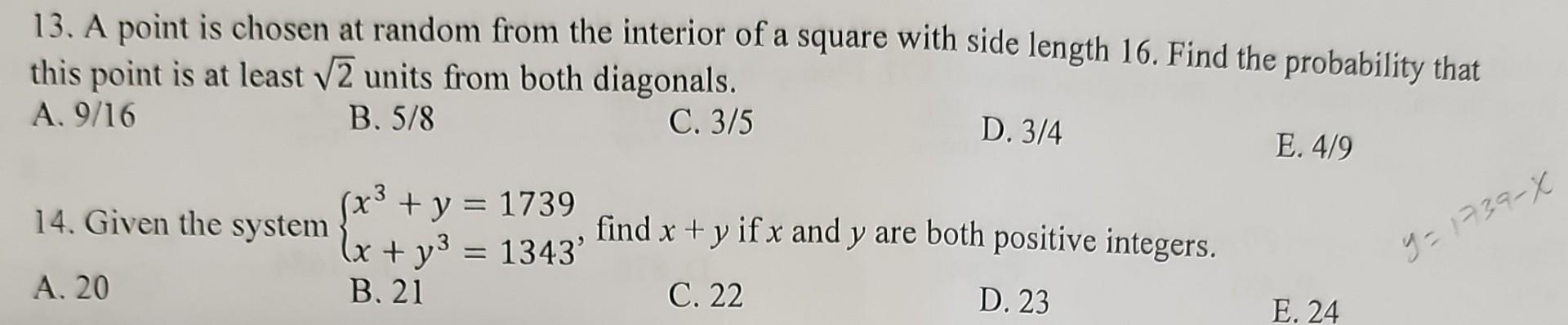 Solved 13 A Point Is Chosen At Random From The Interior Of Chegg