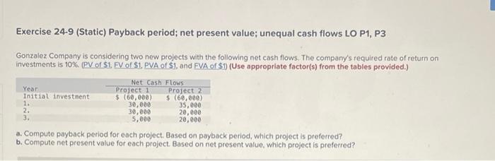 Solved Exercise Static Payback Period Net Presen