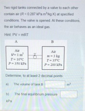 Solved Two Rigid Tanks Connected By A Valve To Each Other Chegg