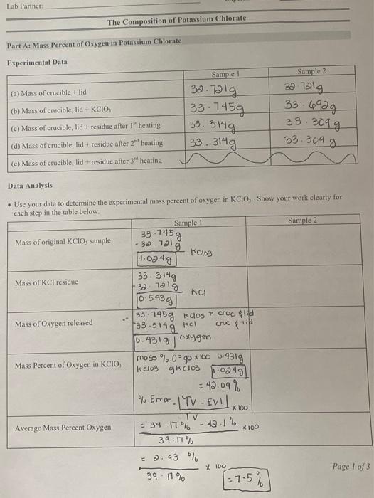 Solved Name Lab Partner Chem Section Experiment Date Chegg