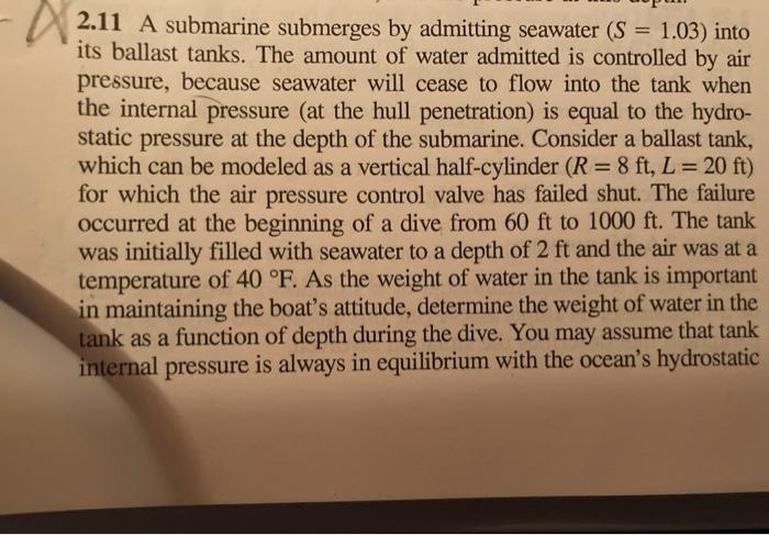 Solved A Submarine Submerges By Admitting Seawater S Chegg