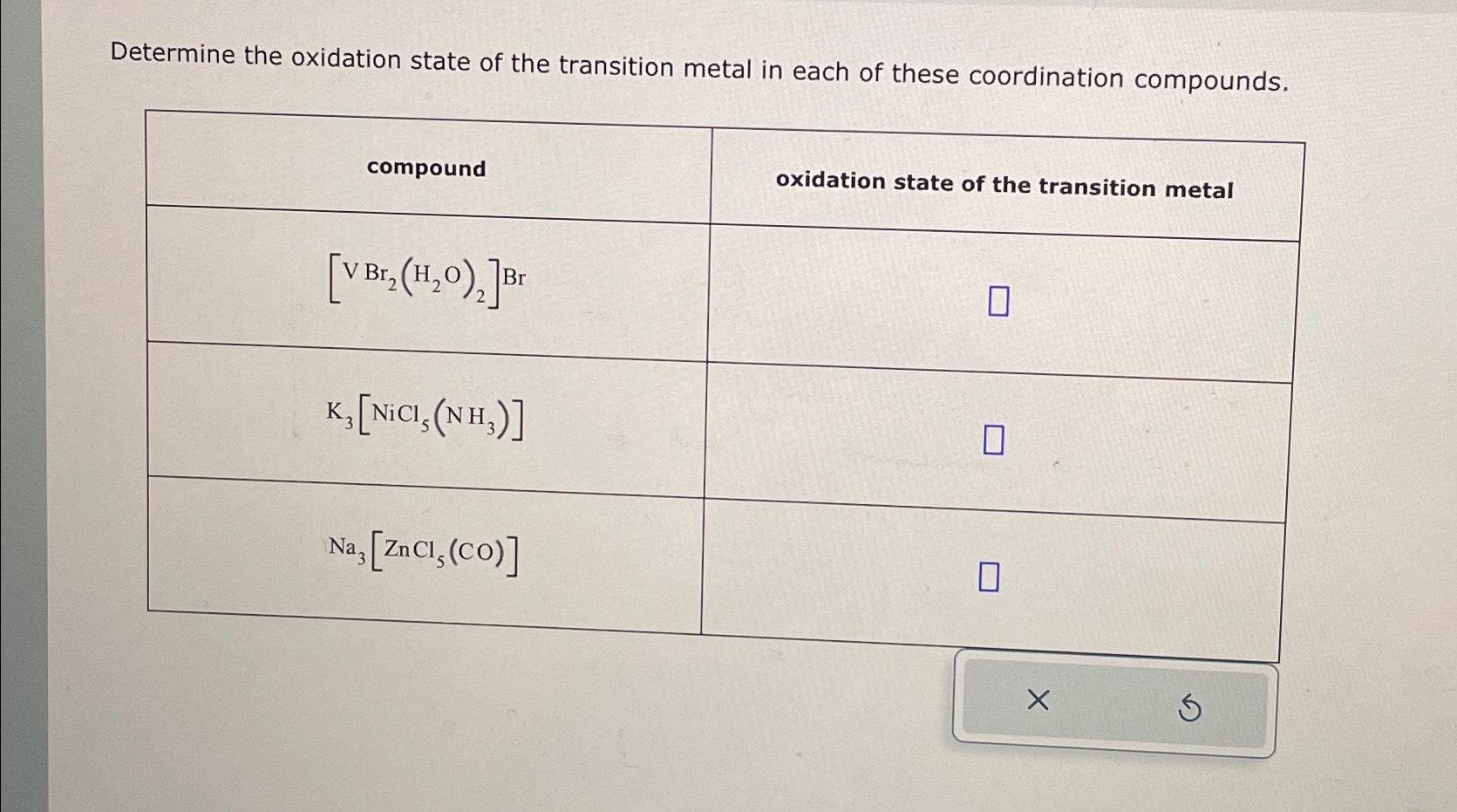 Solved Determine The Oxidation State Of The Transition Metal Chegg