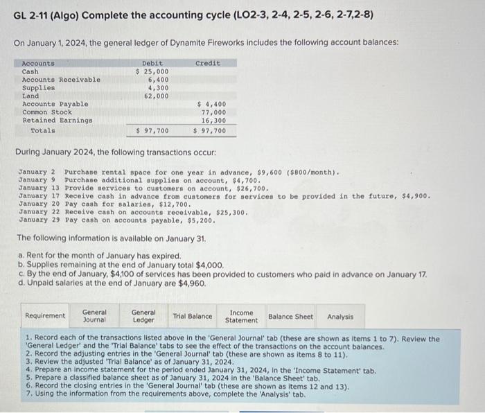 Solved Gl Algo Complete The Accounting Cycle Lo Chegg