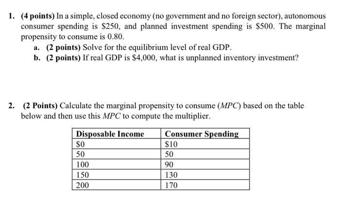 Solved Points In A Simple Closed Economy No Chegg