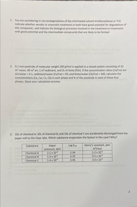 Solved 1 You Are Considering In Situ Biodegradation Of The Chegg