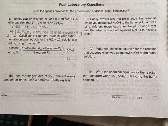 Solved Post Laboratory Questions Use The Spaces Provided Chegg