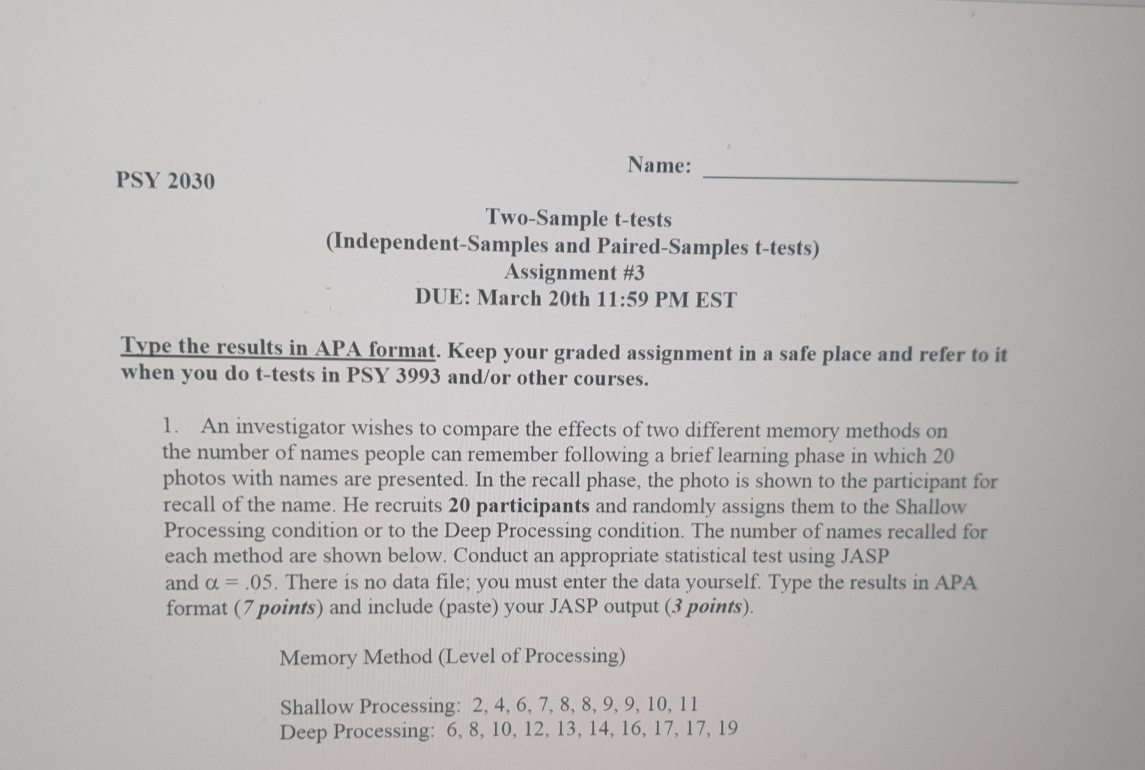 Solved Psy Name Two Sample T Tests Independent Samples Chegg