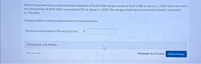 Solved Splish Corporation Had A Projected Benefit Obligation Chegg