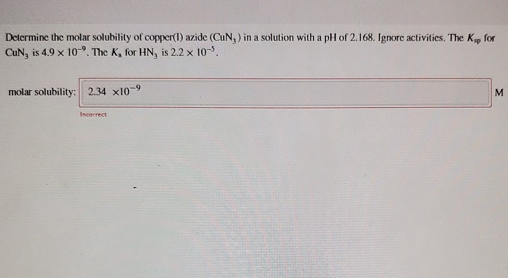 Solved Determine The Molar Solubility Of Copper L Azide Chegg