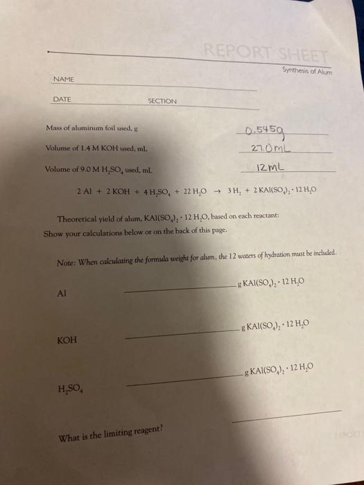 Solved REPORT SHEET Synthesis Of Alum NAME DATE SECTION Mass Chegg