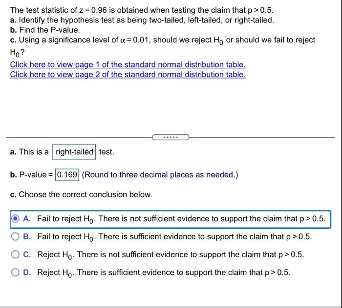 Solved The Test Statistic Of Z 0 96 Is Obtained When Chegg