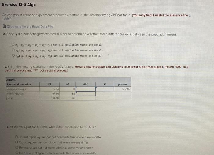 Solved Exercise Algo An Analysis Of Variance Experiment Chegg