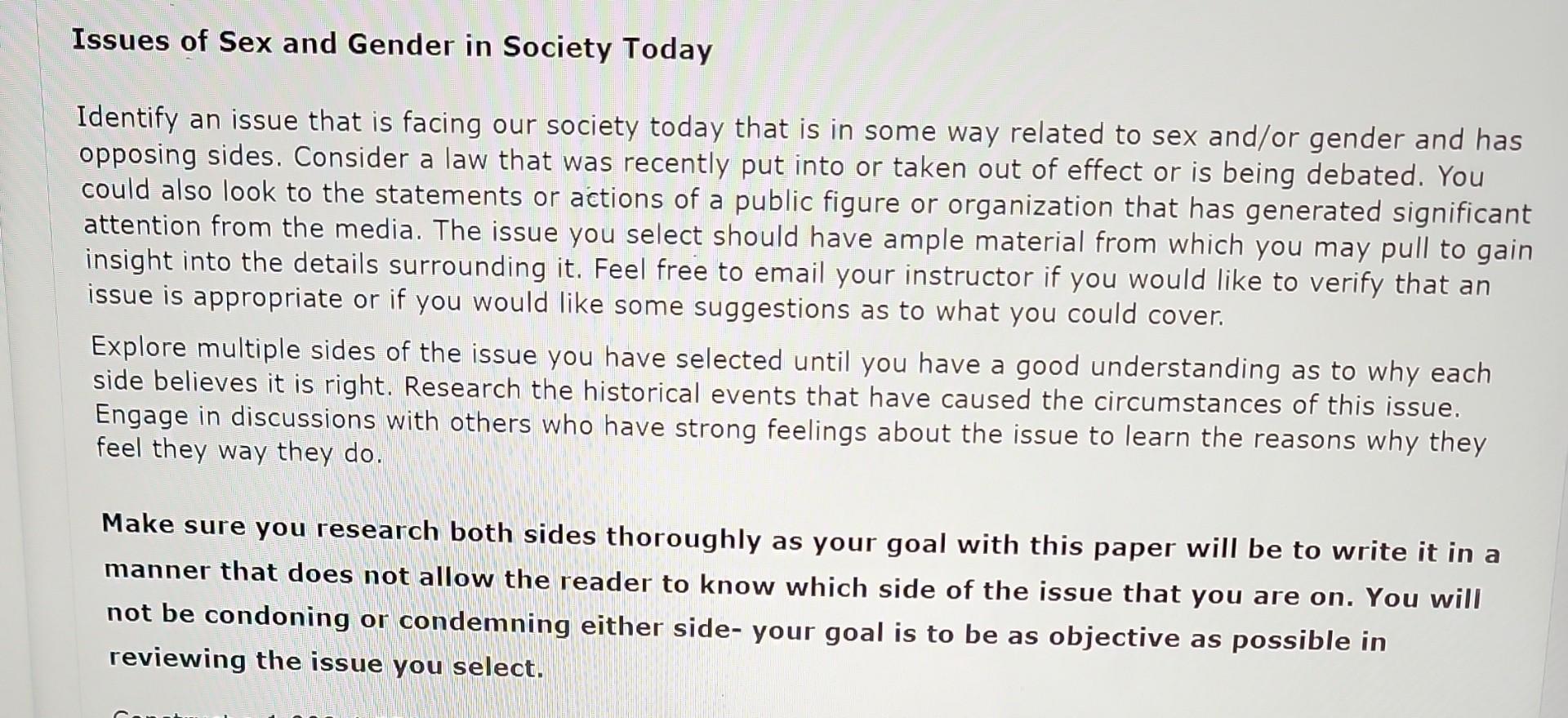 Solved Issues Of Sex And Gender In Society Today Identify An Chegg