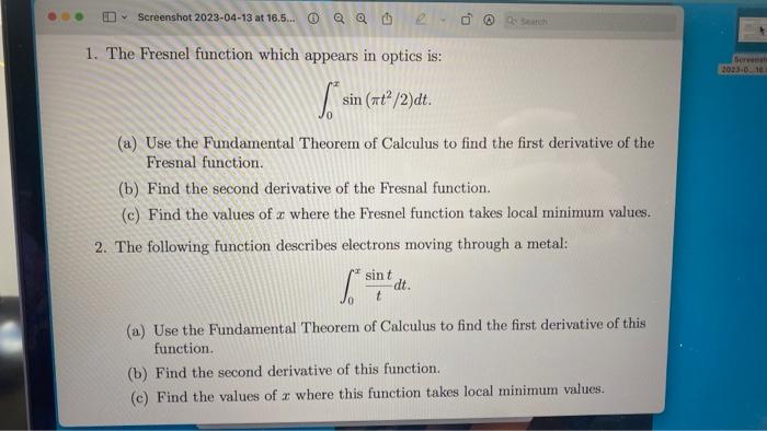 Solved 1 The Fresnel Function Which Appears In Optics Is Chegg