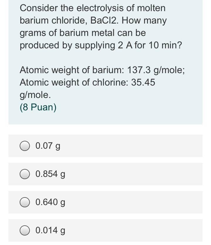 Solved Consider The Electrolysis Of Molten Barium Chloride Chegg