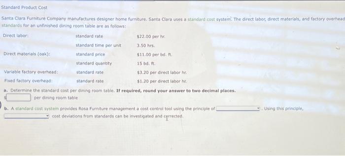 Solved Standard Product Cost Santa Clara Furniture Company Chegg