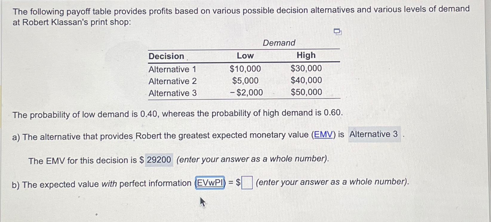 Solved The Following Payoff Table Provides Profits Based On Chegg