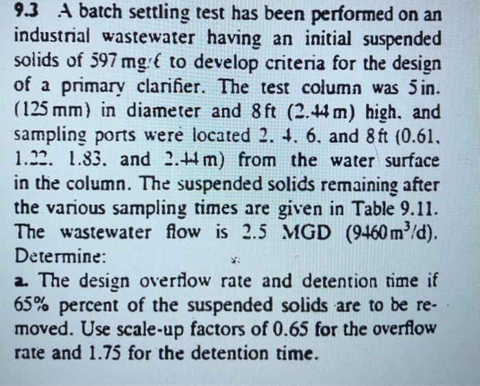 Solved 9 3 A Batch Settling Test Has Been Performed On An Chegg