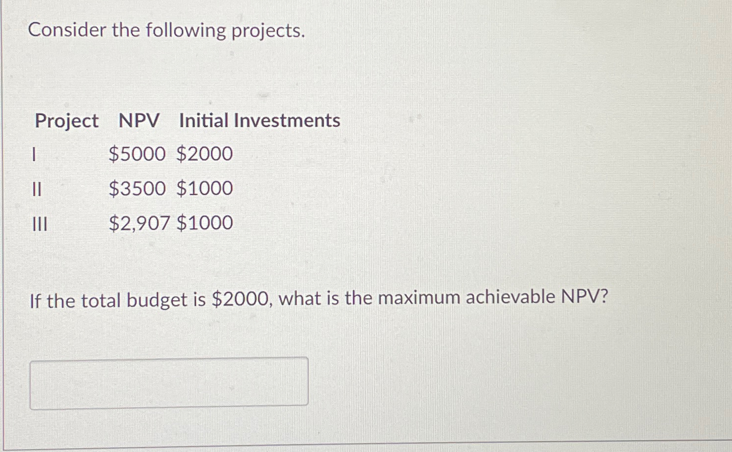 Solved Consider The Following Projects Project Npv Initial Chegg