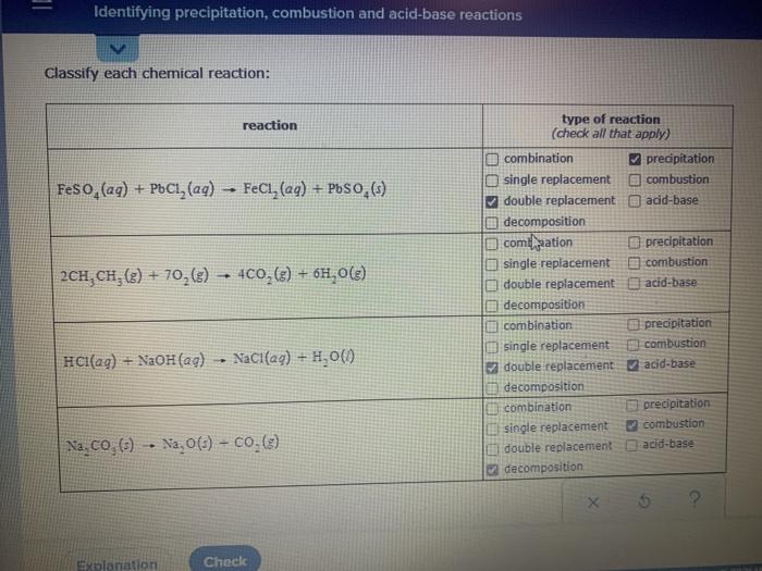 Solved Identifying Precipitation Combustion And Acid Base Chegg