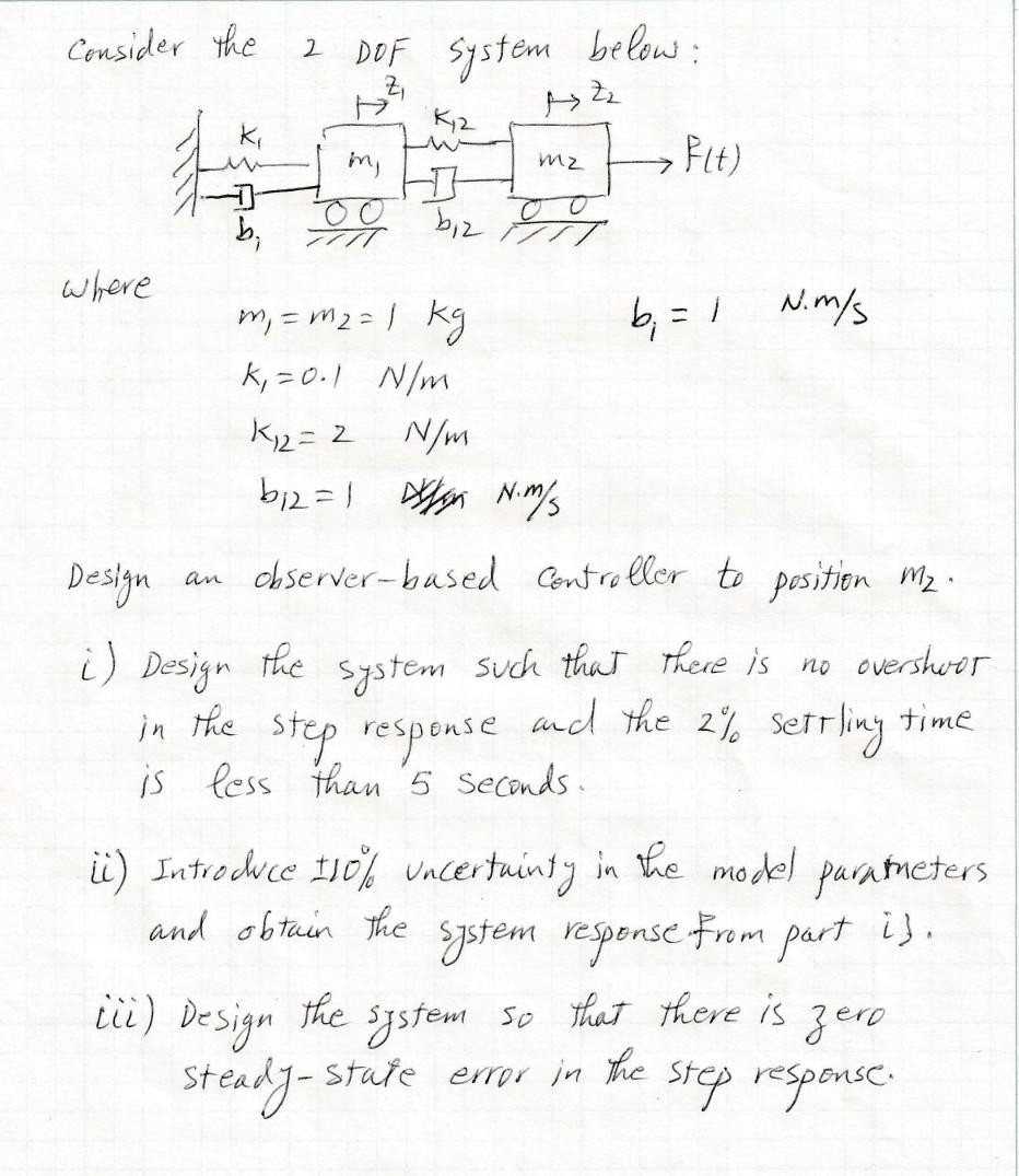 Solved Consider The 2 DOF System Below Where M1 M2 1 Kgbi 1 Chegg