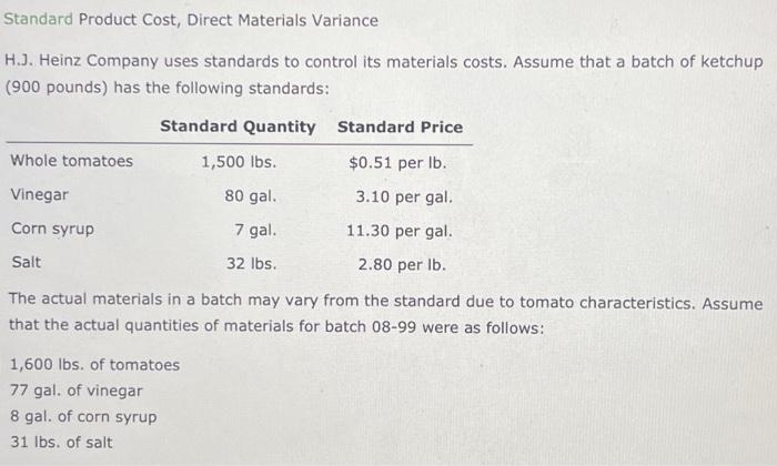 Solved Standard Product Cost Direct Materials Variance H J Chegg