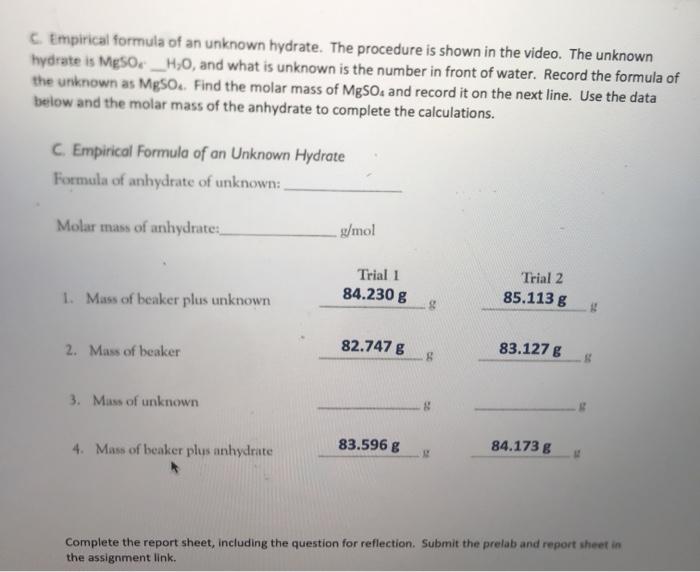 Solved C Empirical Formula Of An Unknown Hydrate The Chegg