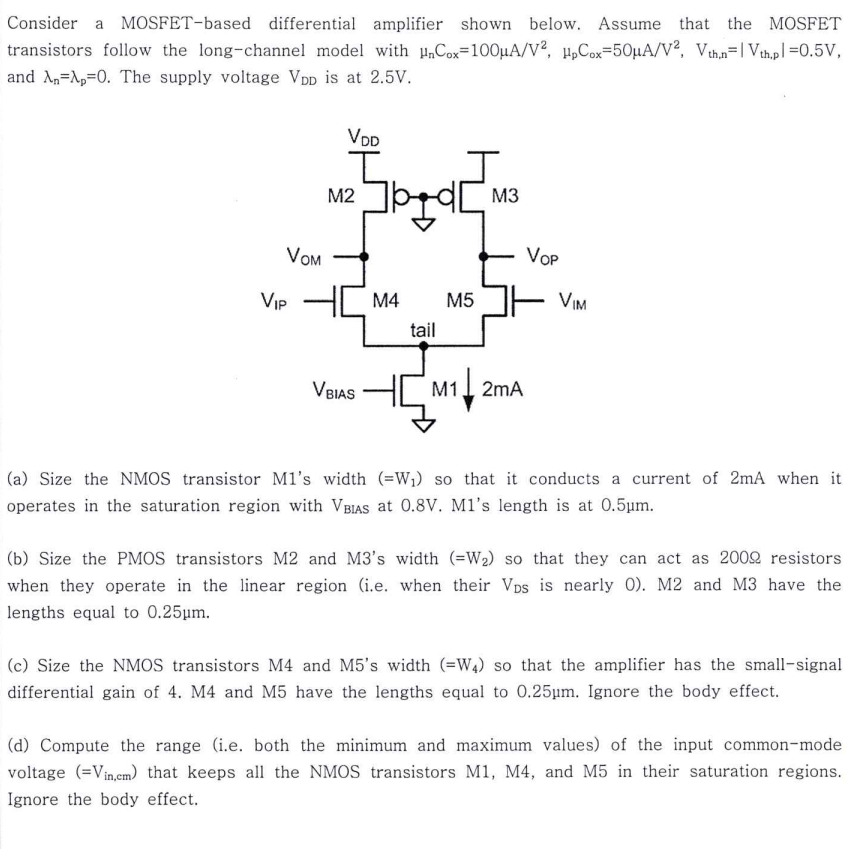 Solved Consider A Mosfet Based Differential Amplifier Shown Chegg