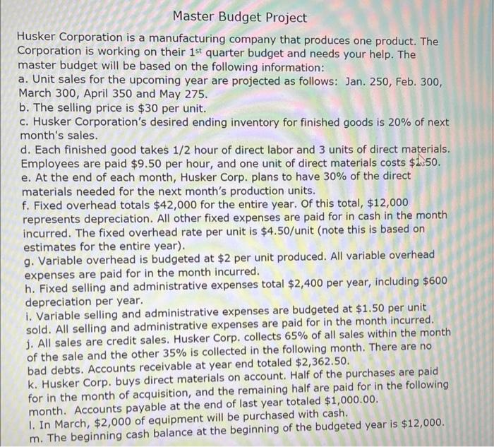 Solved Master Budget Project Husker Corporation Is A Chegg