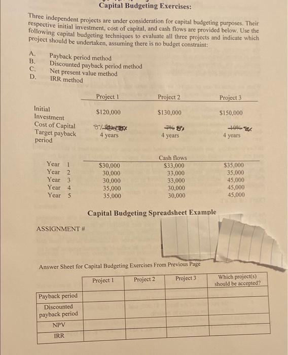 Solved Capital Budgeting Exercises Three Independent Chegg