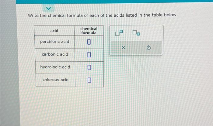 Solved Write The Chemical Formula Of Each Of The Acids Chegg