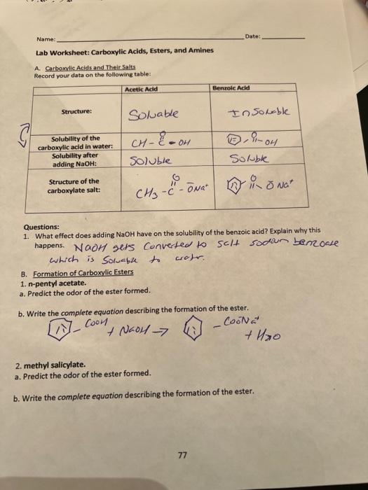 Solved Name Date Lab Worksheet Carboxylic Acids Esters Chegg