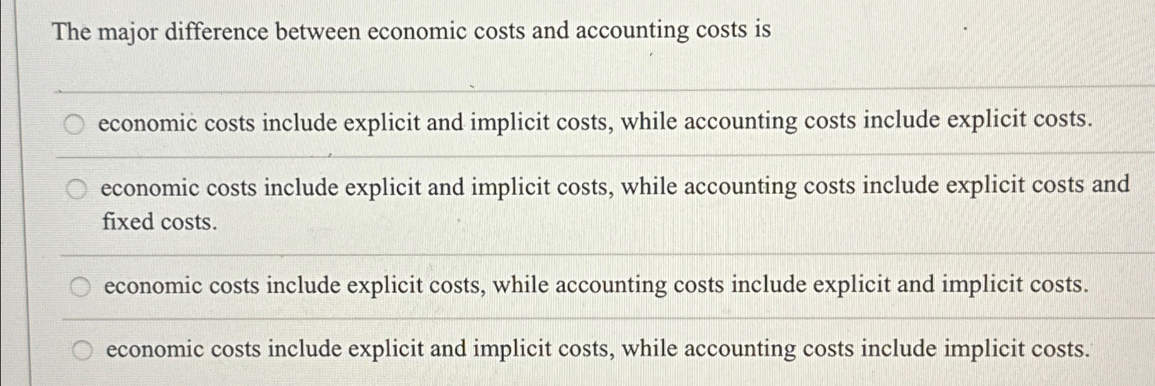 Solved The Major Difference Between Economic Costs And Chegg