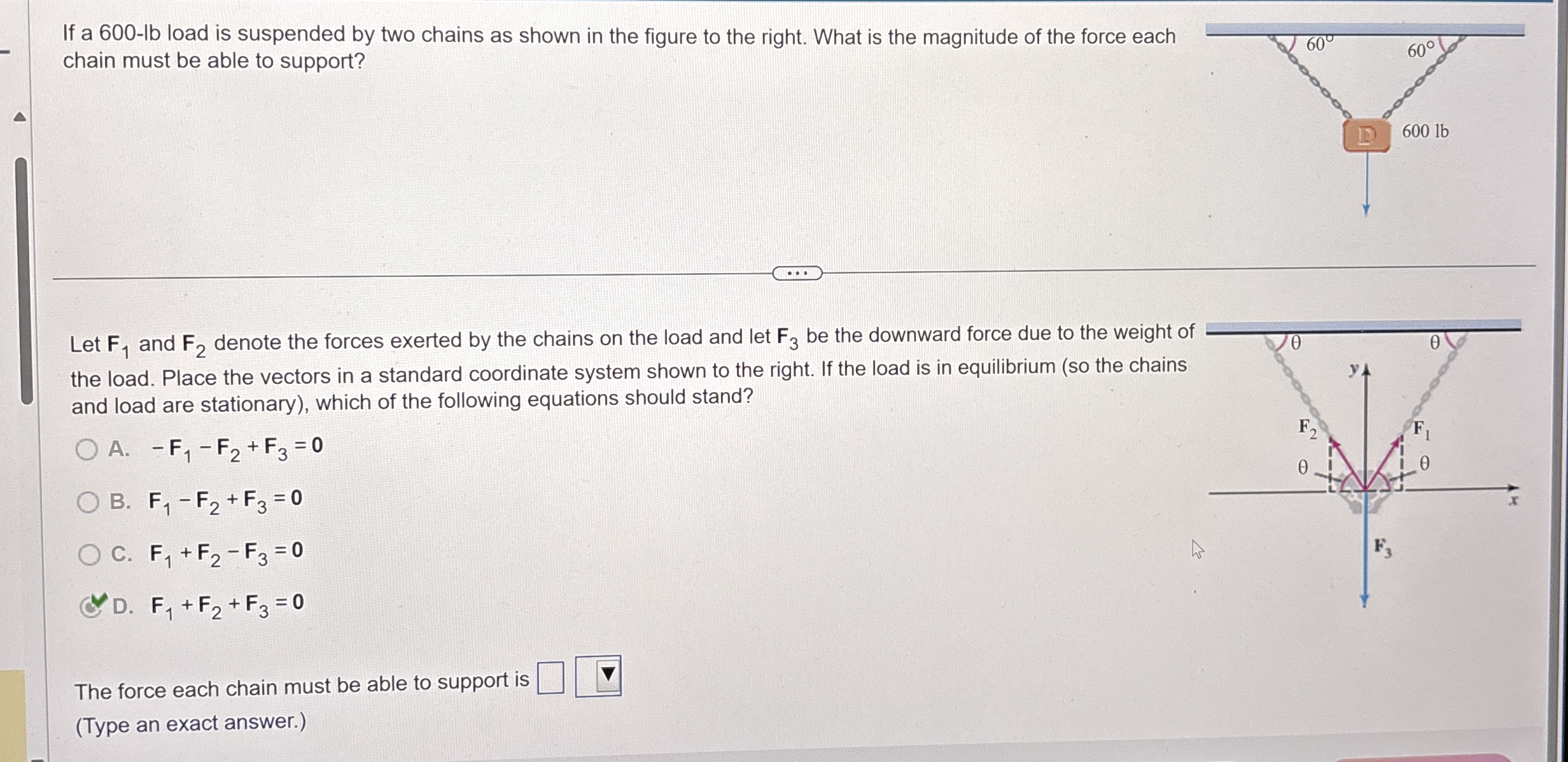 Solved If A Lb Load Is Suspended By Two Chains As Shown Chegg