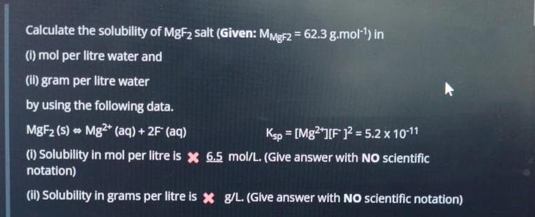 Solved Calculate The Solubility Of MgF2 Salt Given Chegg