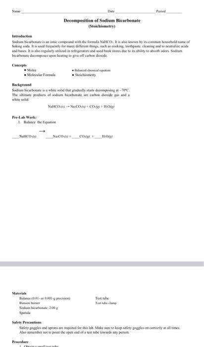 Solved Namn Dane Pod Decomposition Of Sodium Bicarbonate Chegg