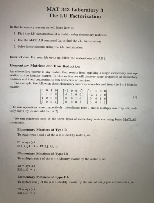 Solved MAT 343 Laboratory 3 The LU Factorization In This Chegg