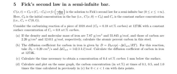 Solved Fick S Second Law In A Semi Infnite Bar Chegg