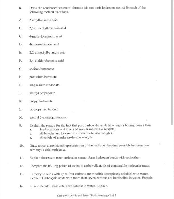 Solved Carboxylic Acids And Esters Worksheet Draw The Chegg