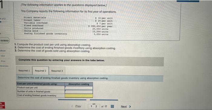 Solved Trio Company Reports The Following Intormation For Chegg