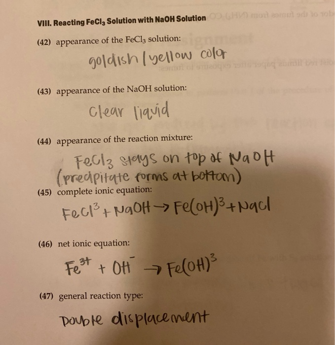 Solved Mon Bontoto VIII Reacting FeCl Solution With NaOH Chegg