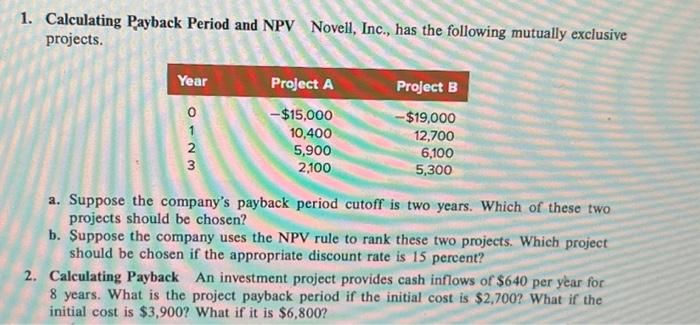 Solved Calculating Payback Period And Npv Novell Inc Chegg