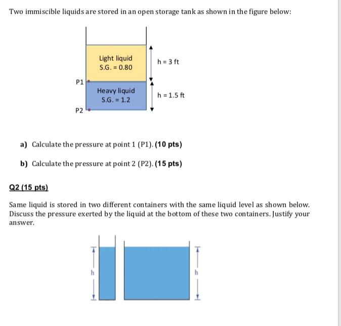 Solved Two Immiscible Liquids Are Stored In An Open Storage Chegg