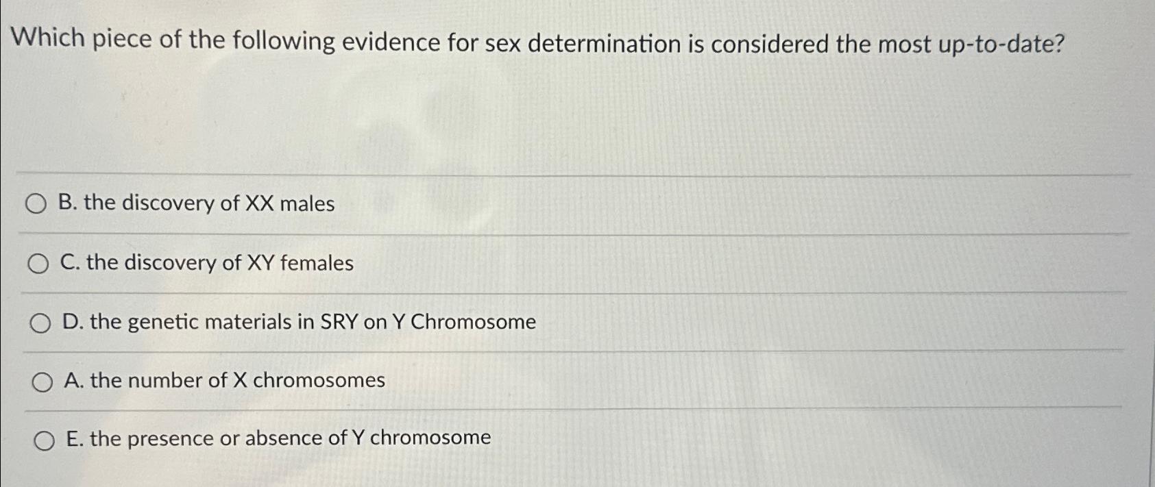 Solved Which Piece Of The Following Evidence For Sex Chegg